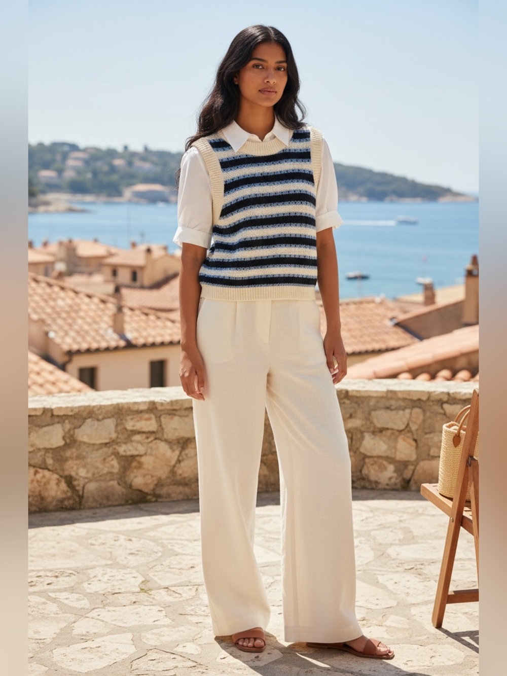 LOFT Cream and Navy Blue Striped Sleeveless Sweater Vest